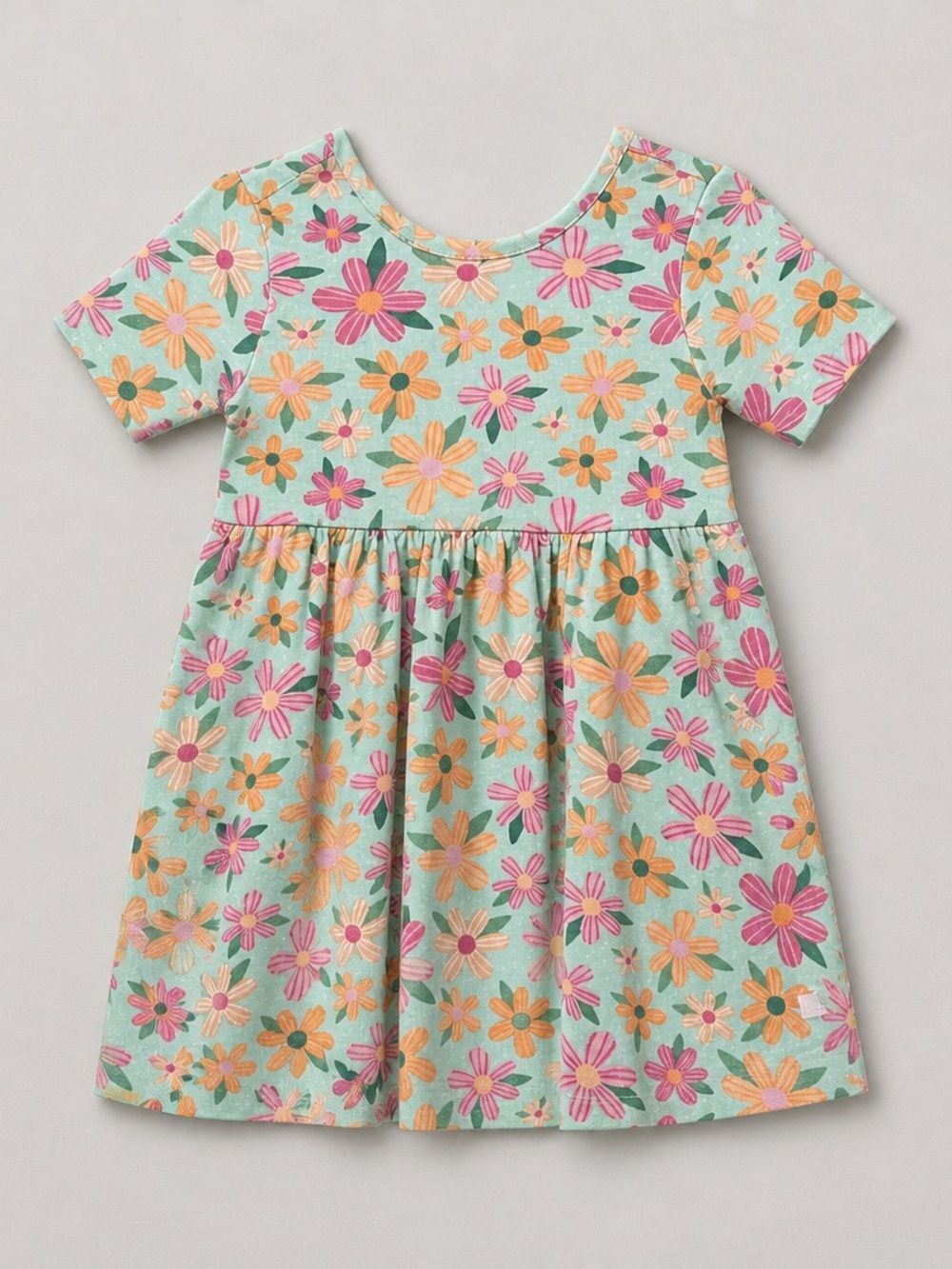 Ruffle Butts mint green and peach floral knit short sleeve dress with bow accent
